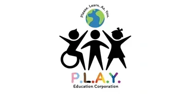 PLAY logo with three black figures and a globe above, plus colorful “P.L.A.Y.” and “Educate Cooperation” text