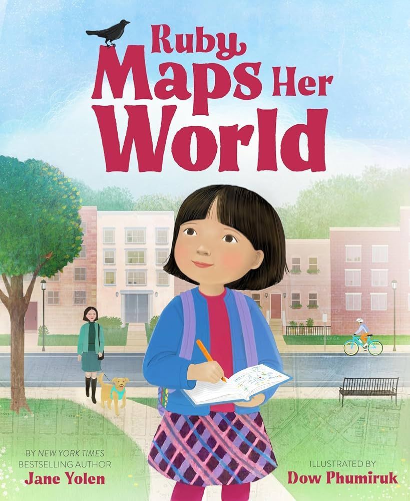 Cover art: Girl with notebook maps her world. Buildings, tree, crow, and text in a pastel setting.