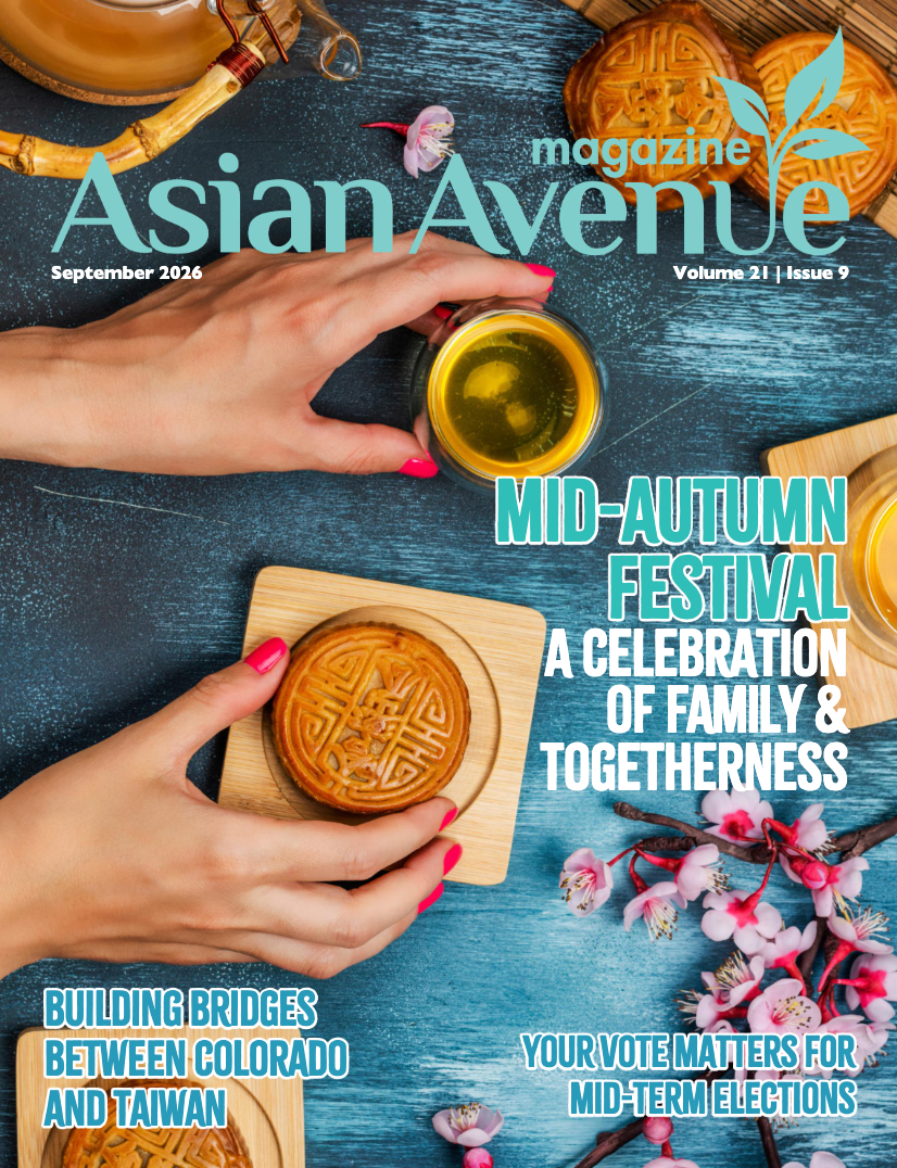 Asian Avenue magazine cover with collage of events, people, and colorful photos on a pink background
