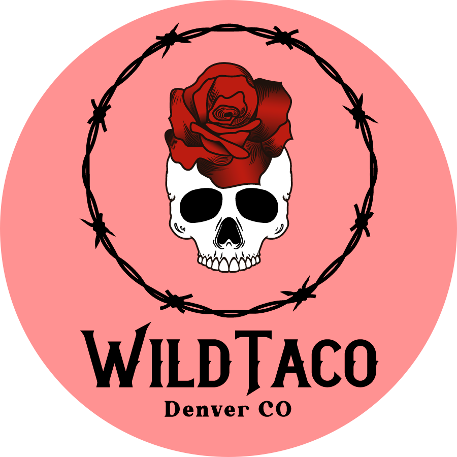 Wild Taco logo: skull with red rose and barbed-wire circle on pink background, text “WILD TACO Denver CO”