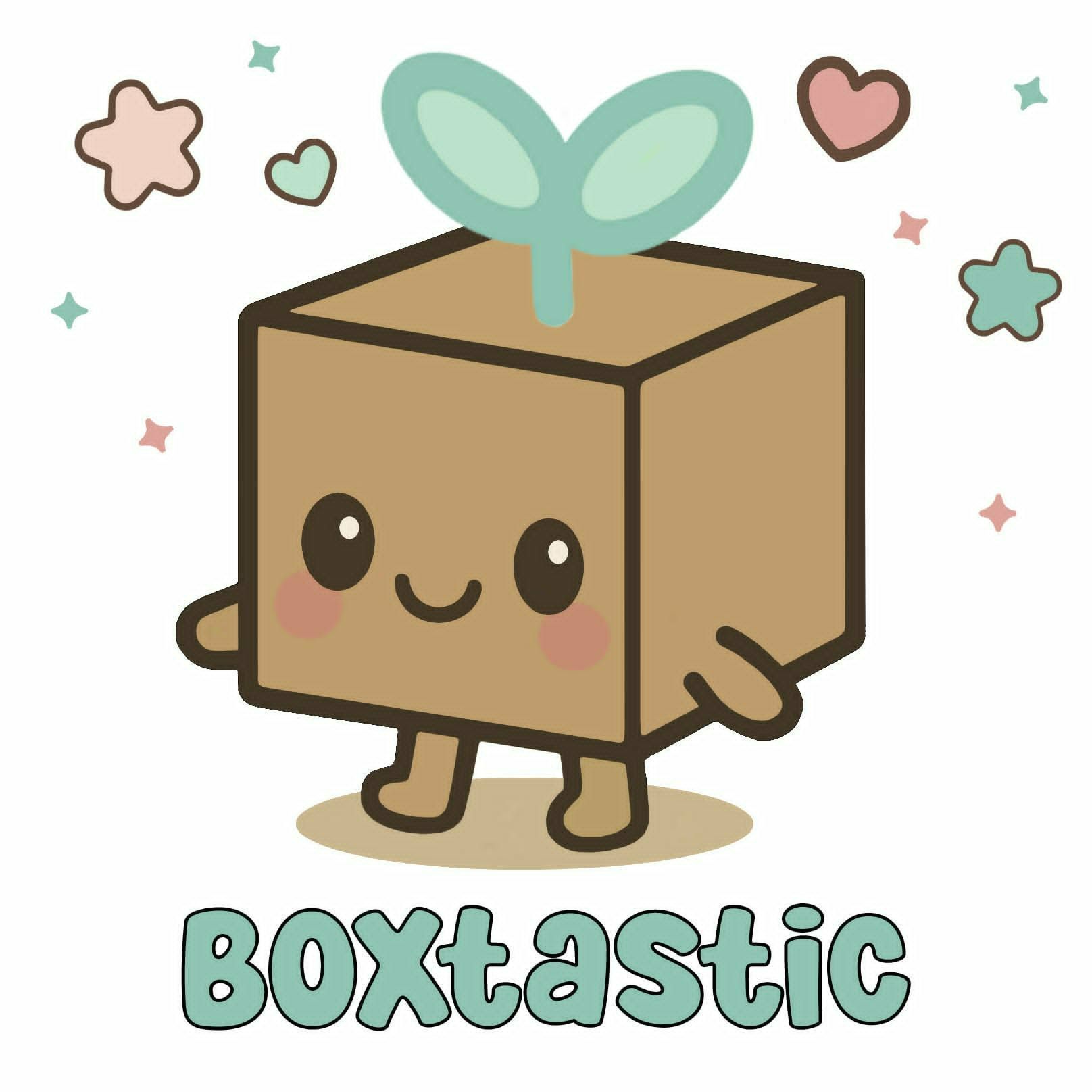 A brown, box-shaped character with a green sprout on its head, a smiling face, and pink cheeks, with the text