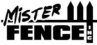 Logo for Mister Fence, Inc. with black text and fence picket design.