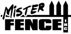 Logo for Mister Fence, Inc. with black text and fence picket design.