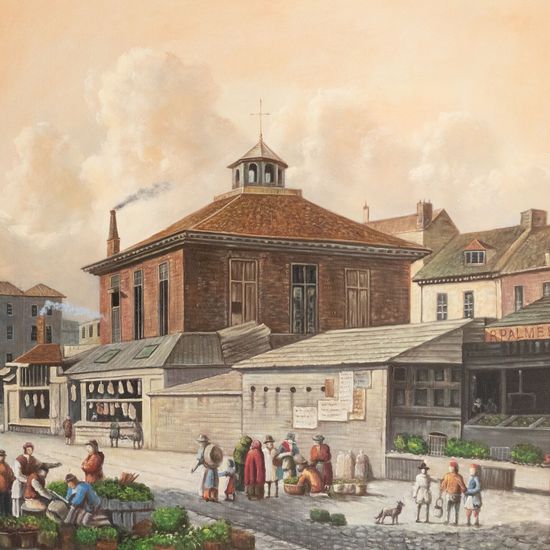 A painting of people in front of a building that says ' hippie ' on it