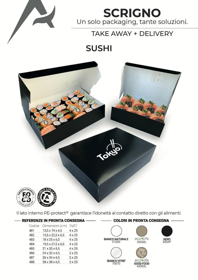Tre scatole nere per sushi da asporto, due delle quali aperte e riempite di sushi, esposte con una tabella delle dimensioni e dei colori del prodotto.