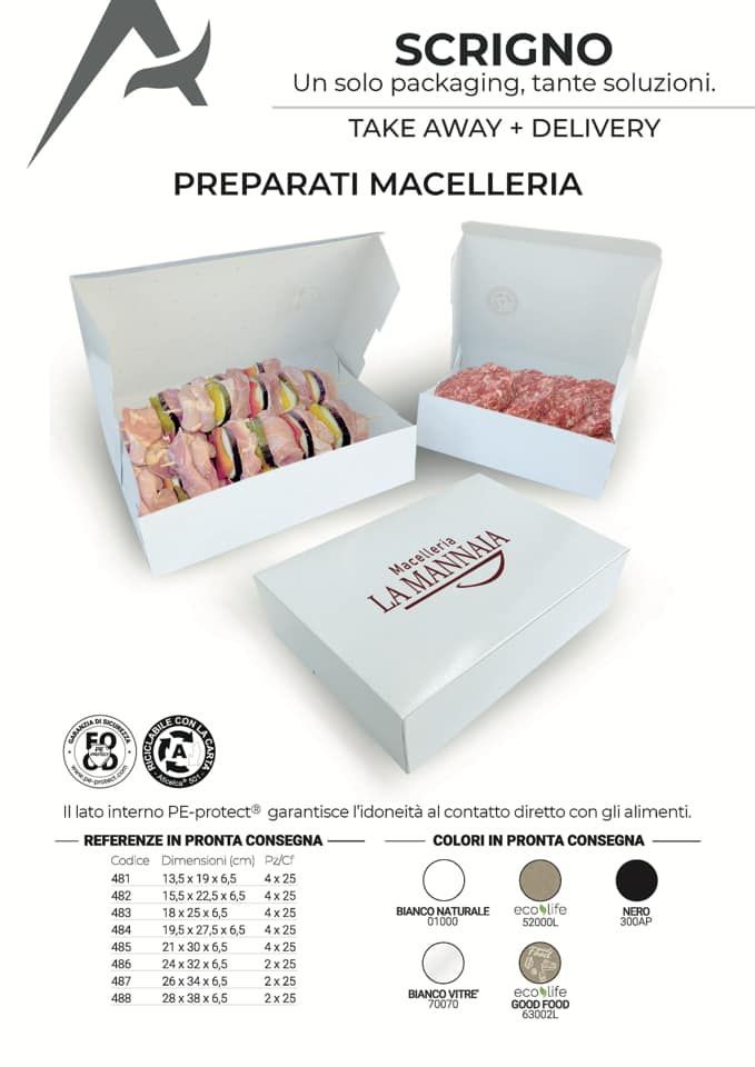 Un volantino pubblicitario per scatole di imballaggio bianche da macelleria, che illustra le dimensioni e i colori disponibili, tra cui bianco, carta kraft e nero.