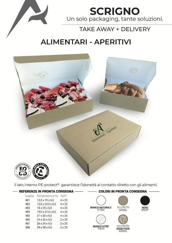 Scatole di cartone per alimenti da asporto e a domicilio, esposte con scatole aperte contenenti cibo e una scatola chiusa con il marchio aziendale sottostante.