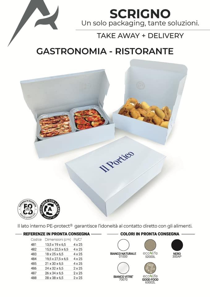 Volantino promozionale per le scatole per imballaggi alimentari Scrigno, che mostra contenitori aperti e chiusi con dettagli testuali e campioni di colore.