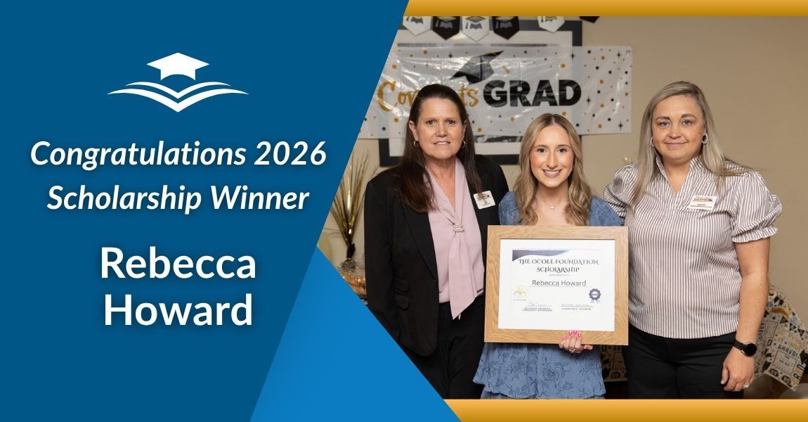 Rebecca Howard holds a 2026 scholarship certificate beside two women at a graduation ceremony.