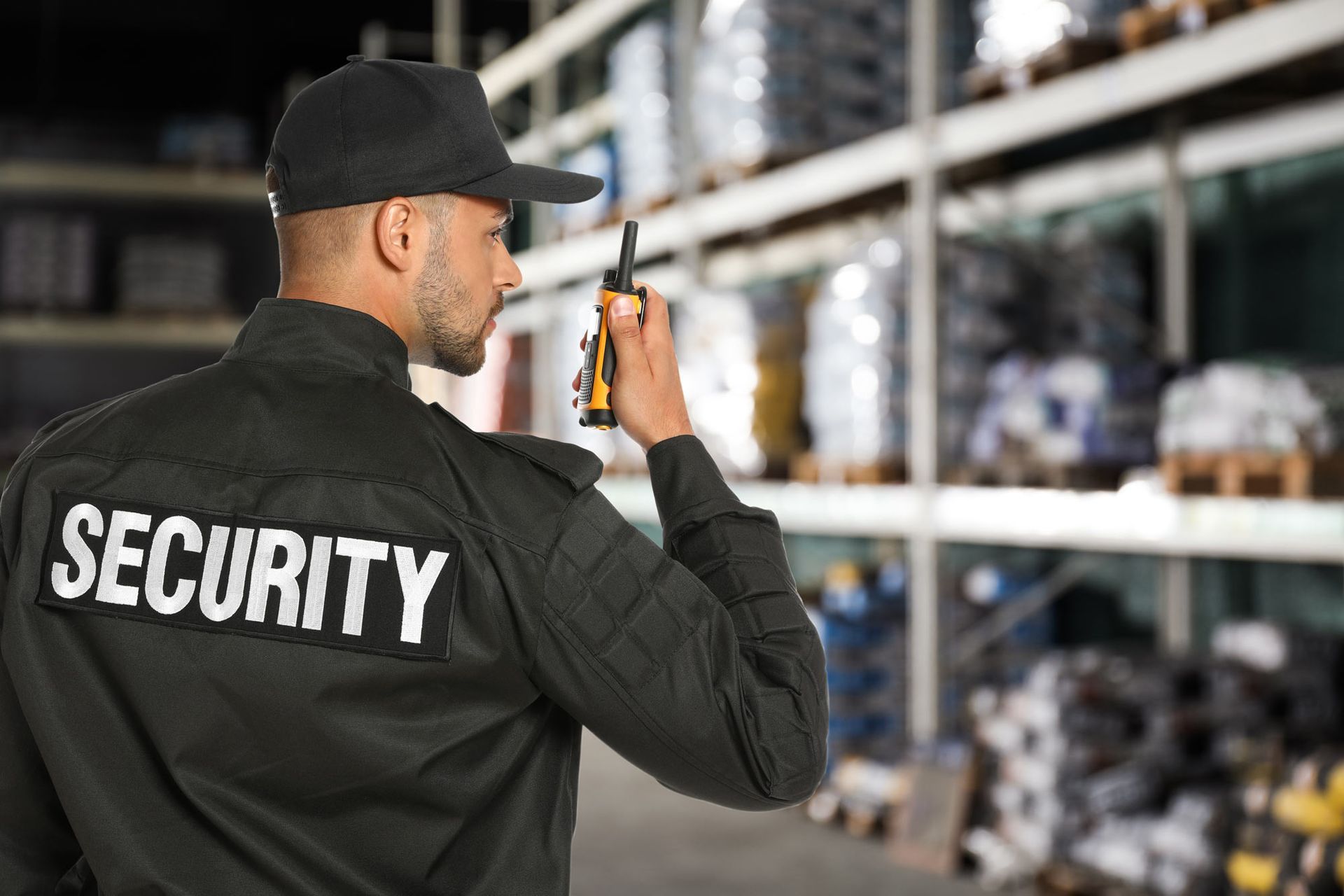 A security guard in the warehouse holding a walkie-talkie.