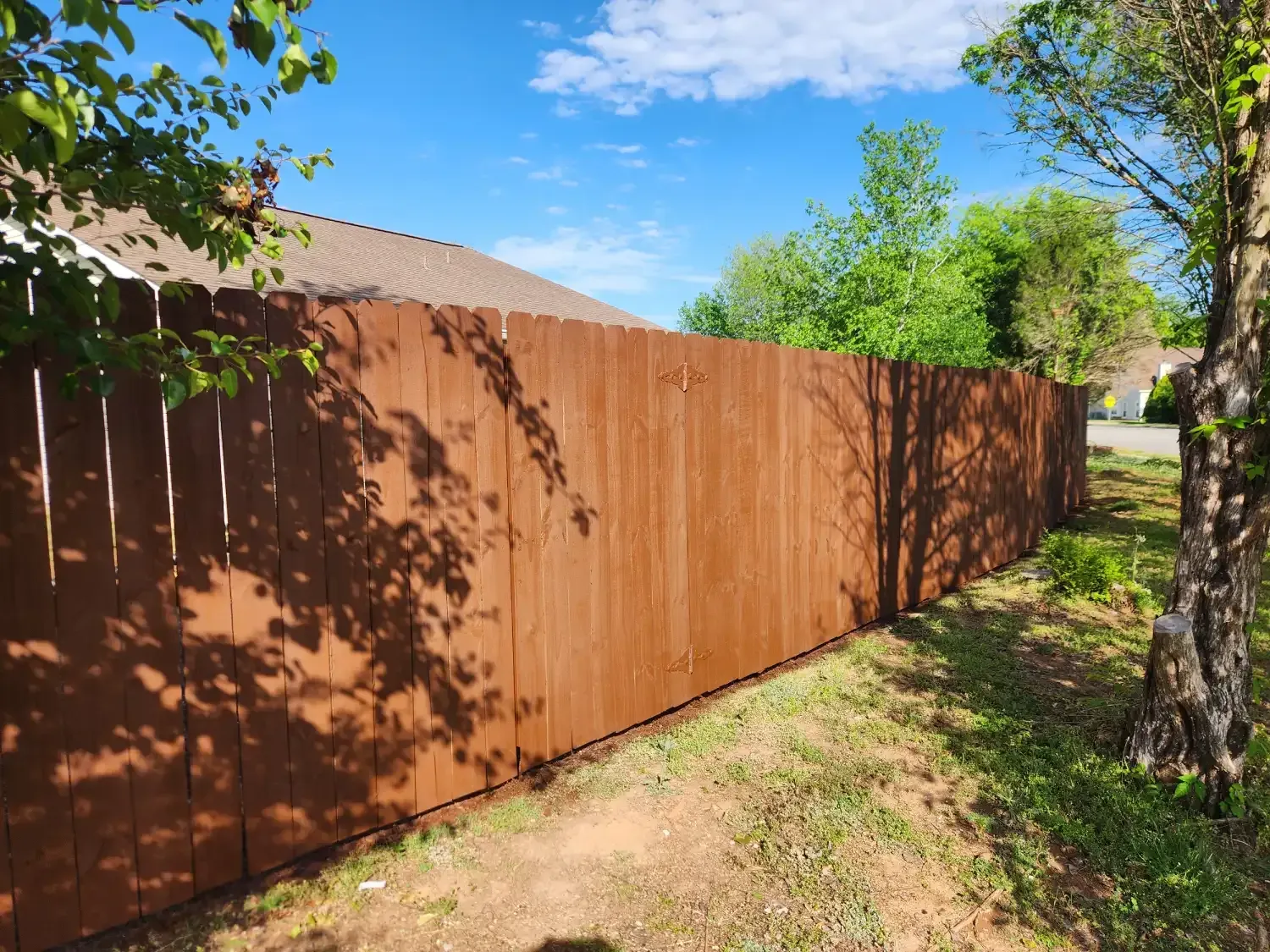 Wooden privacy fence along a grassy side yard with trees and blue sky.