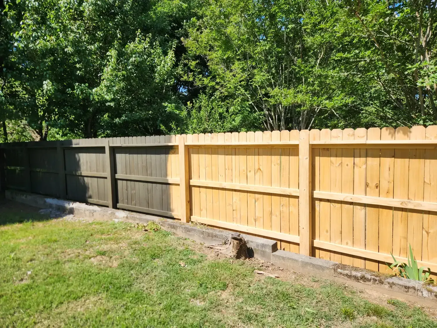 Wooden backyard fence with dark gray and natural wood panels beside a grassy lawn and trees