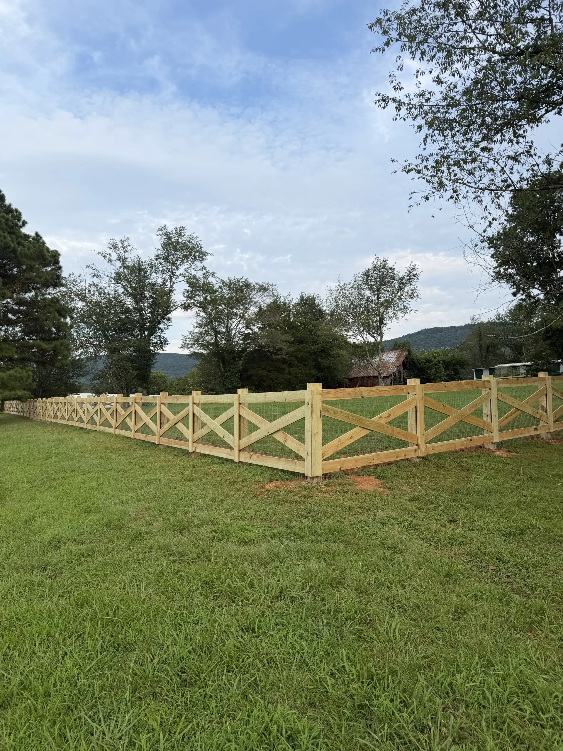 Farm wooden fence, and trees under a clear sky.