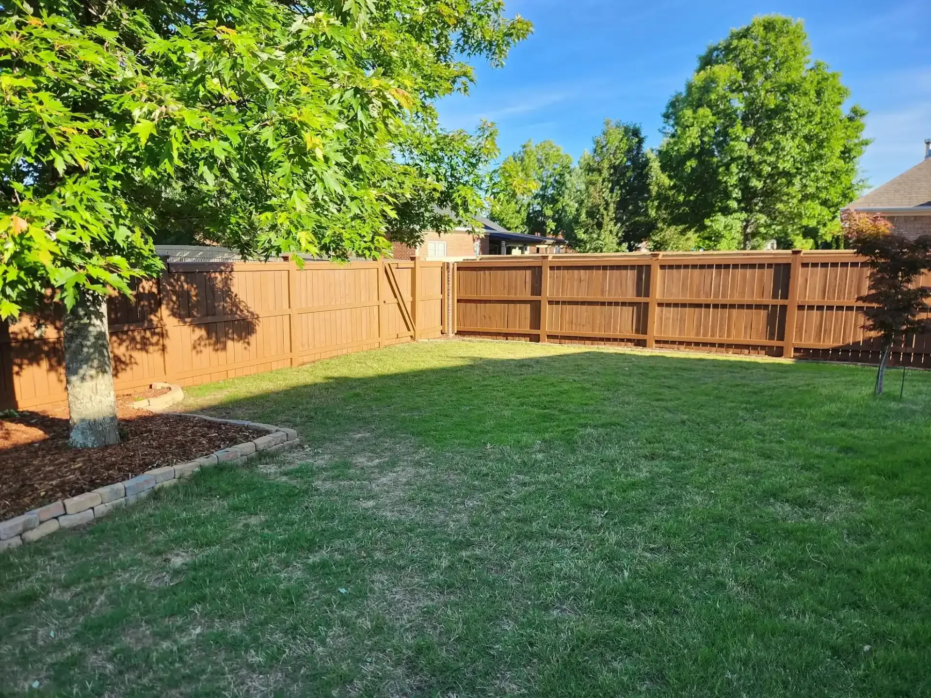 Backyard with green lawn, wooden fence, and trees under bright sunlight