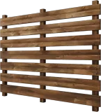 Wooden slat fence panel with horizontal brown boards on white background