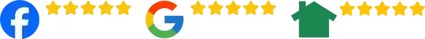 Facebook, Google, and Yelp logos with five gold stars above each