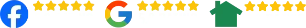 Facebook, Google, and Nextdoor logos with star ratings above a row of yellow stars