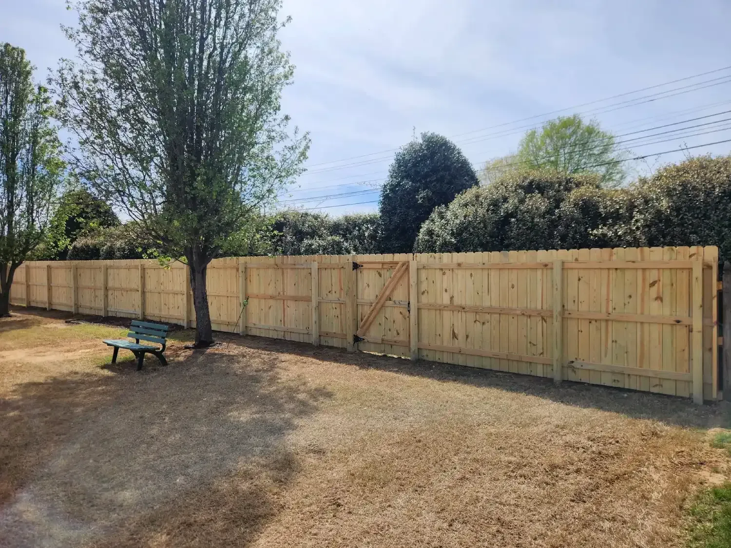 Wooden backyard fence with gate beside a tree and picnic table on a sunny day
