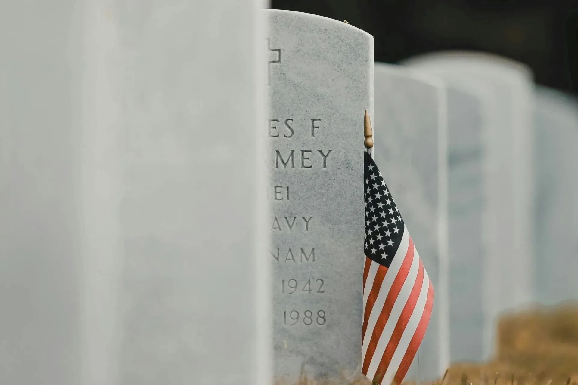 American Flag in front of a headstone