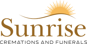 Sunrise Cremations and Funerals logo: golden sunrise over curved line, dark brown text.