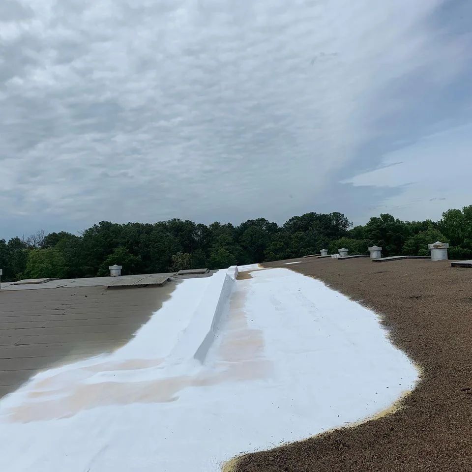 Flat roof with white sealant, tan granules, white vents, and cloudy sky. Trees in the background.