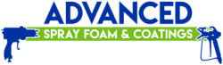 Logo with the word "ADVANCED" in blue, over "SPRAY FOAM & COATINGS" in green, with spray gun silhouettes.