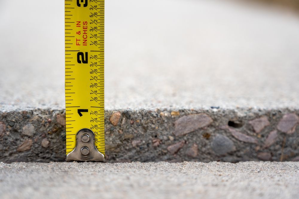 Yellow tape measure measuring a concrete surface. The tape reads just under 2 inches.