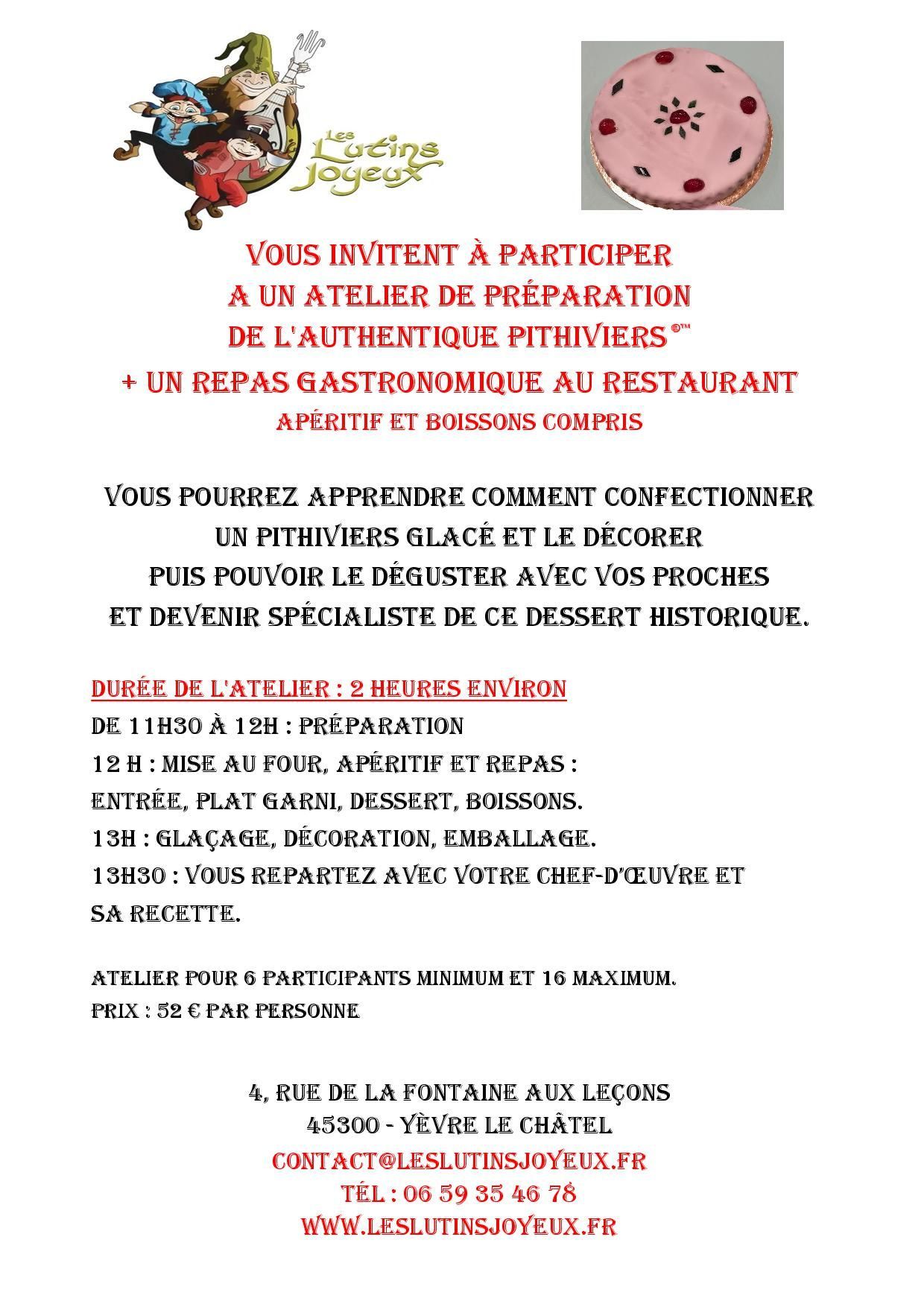 restaurant les lutins joyeux yevre-le-chatel pithiviers gâteau crêpes galettes amandes apéro
atelier gastronomie,l'authentique pithiviers, 