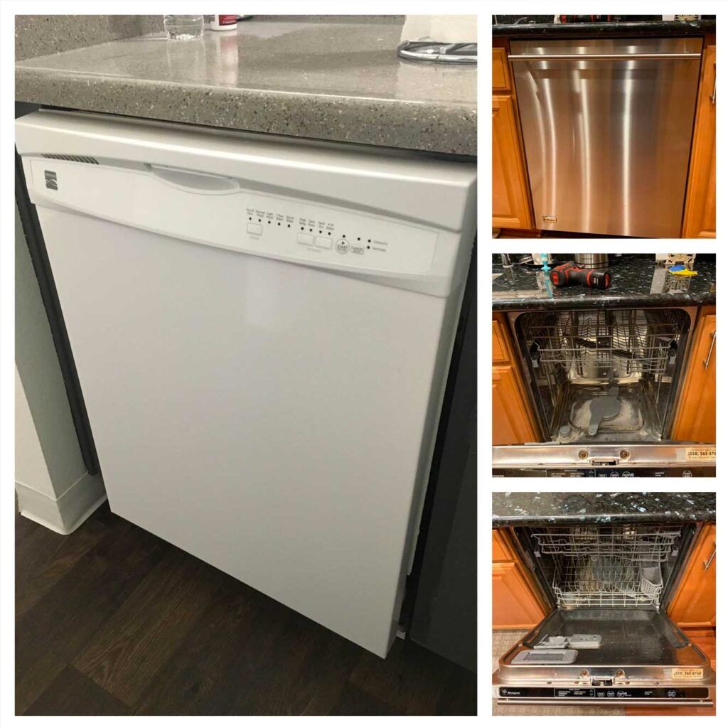 A white dishwasher is sitting on top of a counter in a kitchen.
