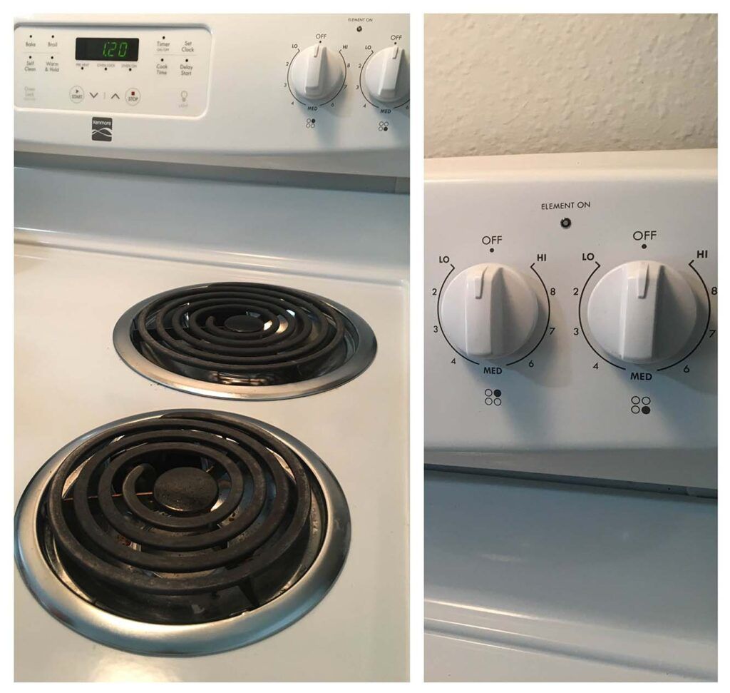Two pictures of a white stove with the numbers 120 on it