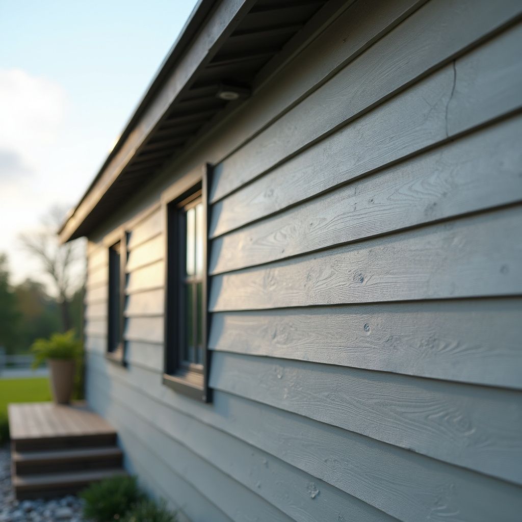 Gray house siding with a window and deck railing in soft evening light