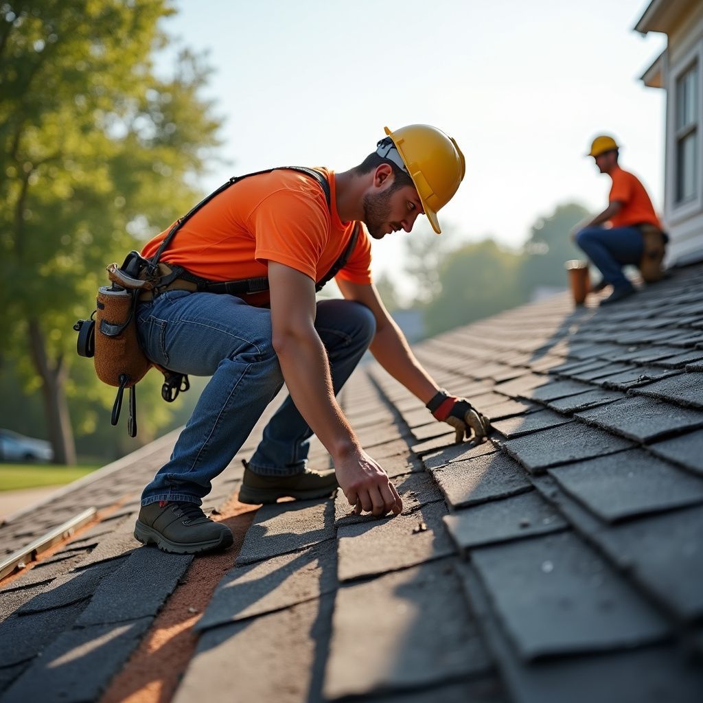 Roofer in orange shirt, jeans, and hardhat examines shingles on a rooftop, other worker in background.