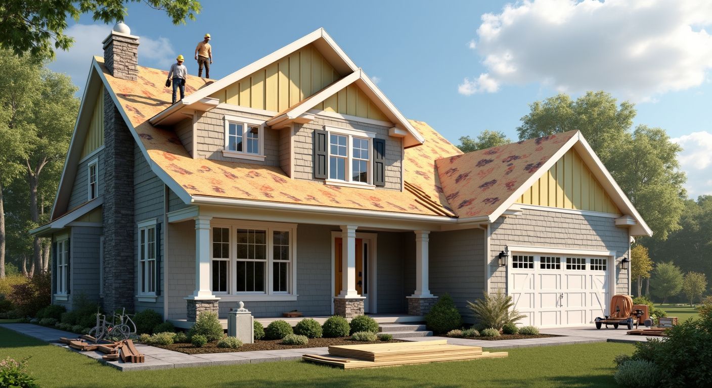 Two-story gray house with white trim, front porch, garage, and landscaped yard under a blue sky