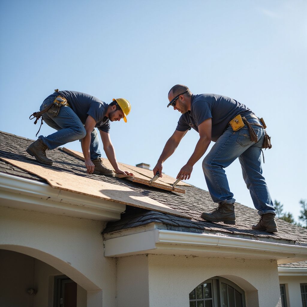 Two roofers installing shingles on a house roof under a clear sky