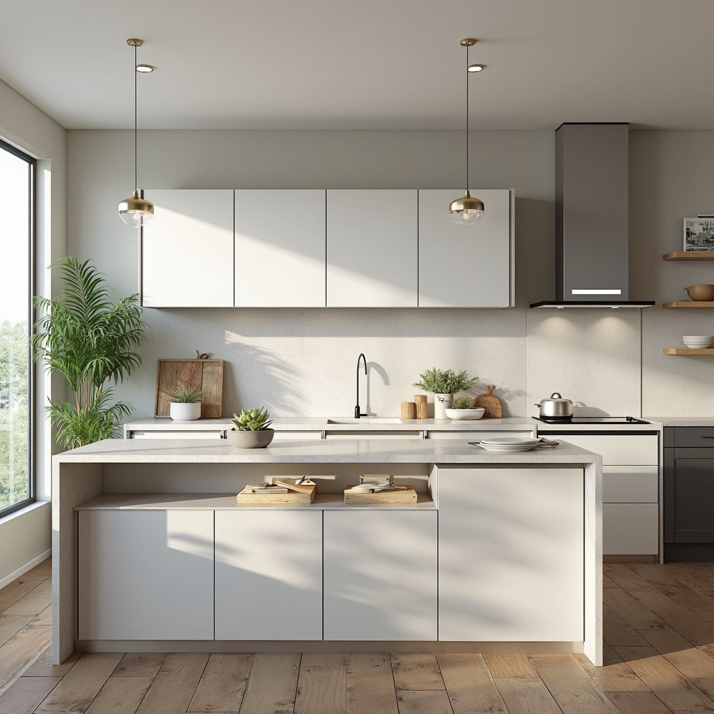 Bright modern kitchen with white cabinets, island, pendant lights, and sunlight by a window.