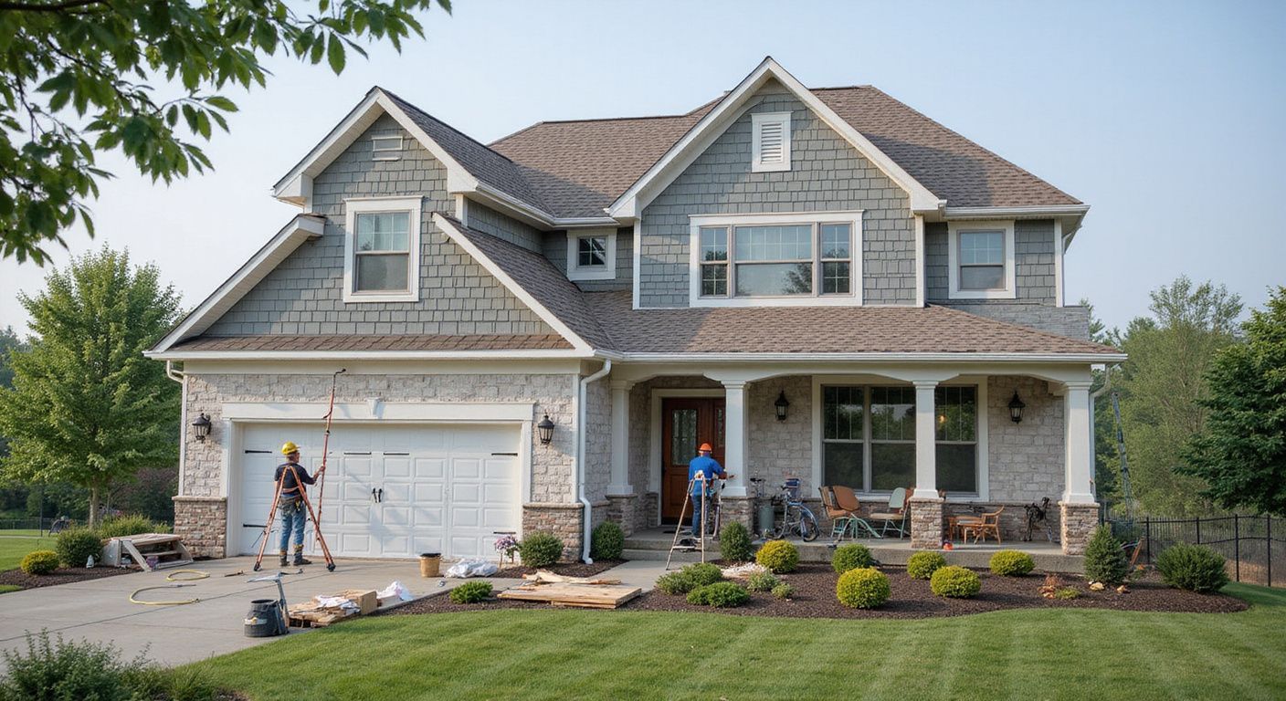 Two workers landscaping the front yard of a gray two-story house with a covered porch and garage