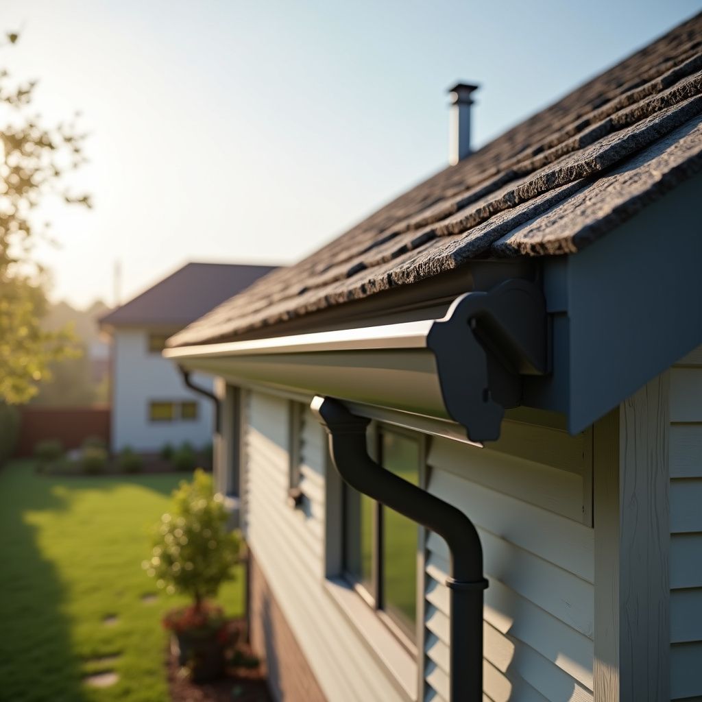 Close-up of a house roof gutter and downspout beside a sunlit suburban home
