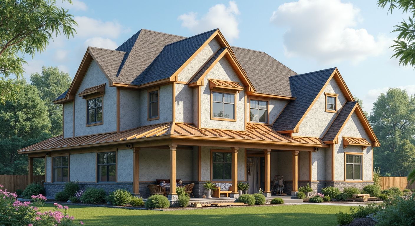 Large two-story suburban house with gray roof, tan siding, and a wraparound porch on a sunny lawn