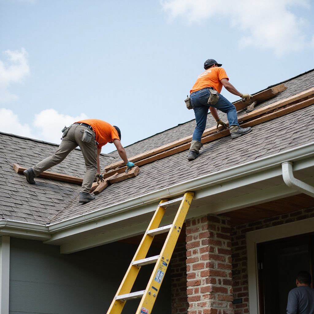 Two roofers in orange shirts installing shingles on a house roof near a ladder