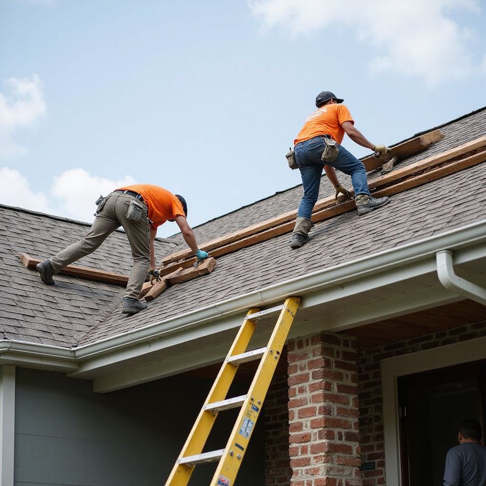 Two roofers installing wood trim on a house roof, with a ladder and a blue sky.