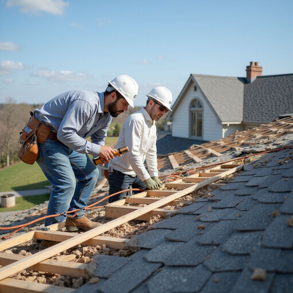 Two roofers in hard hats repair a shingle roof, sunny day.