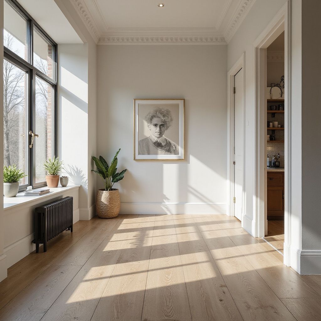 Bright sunlit empty room with large windows, potted plants, and a framed portrait on the wall