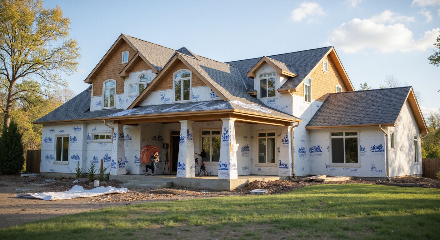 Large white farmhouse with a covered porch and gabled roof in a grassy yard on a sunny day