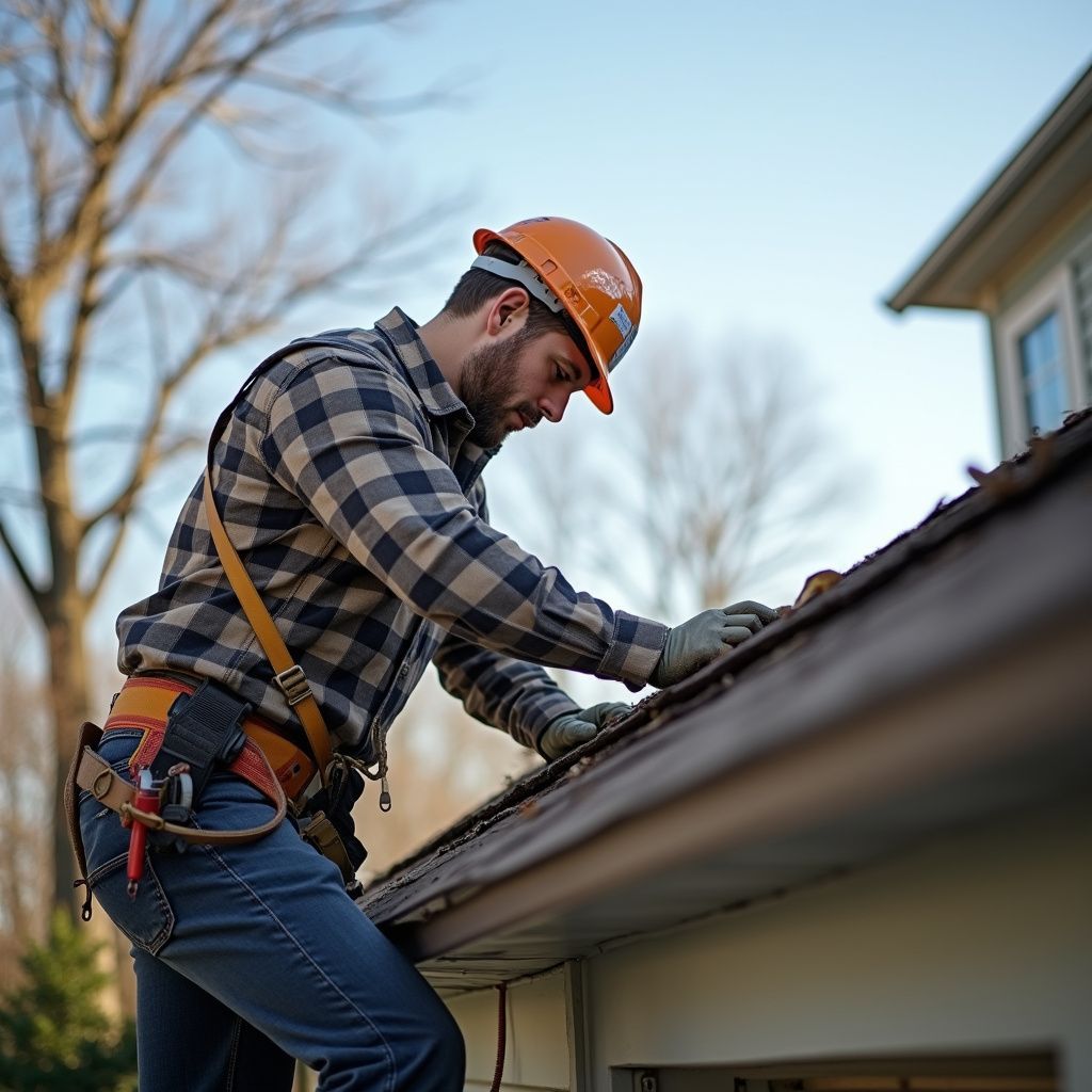 Roofing worker in orange hard hat and safety harness repairing a house roof.