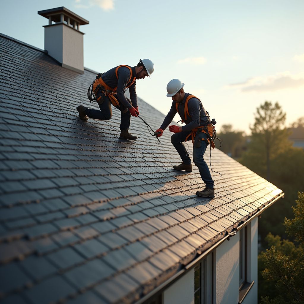 Two roof workers in safety gear repairing dark shingles on a sloped rooftop at sunset