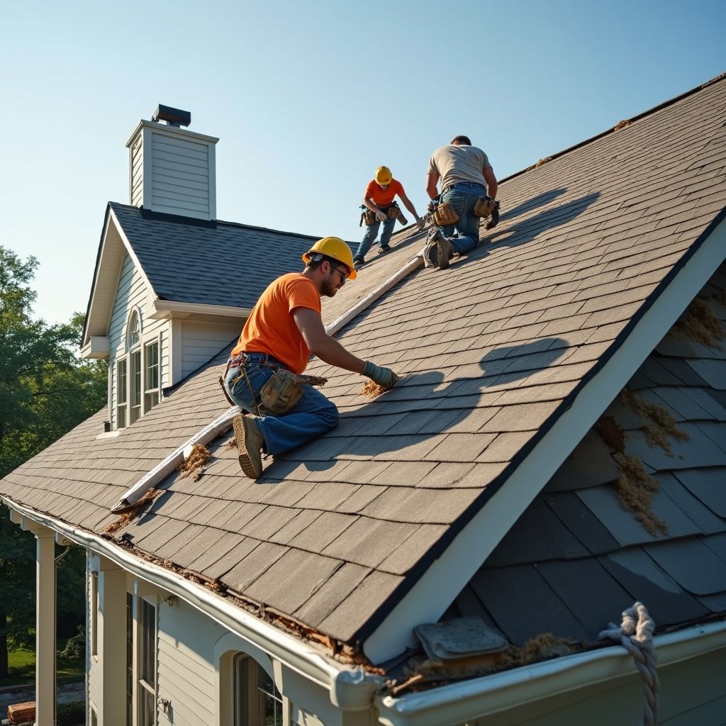 Three construction workers repairing a roof, wearing safety gear, under a blue sky.