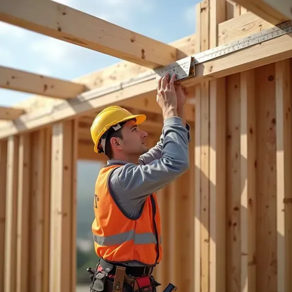 Construction worker, wearing a safety vest and hard hat, securing a metal plate to a wooden beam.