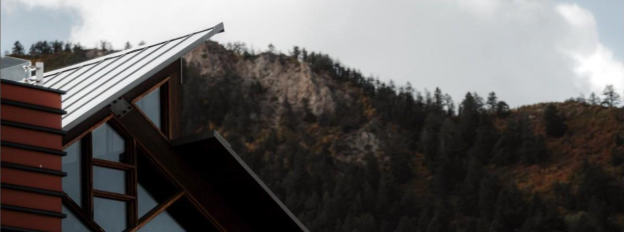 Standing seam metal roofing on a home below a wooded ridge, similar to metal roofing in Sevierville