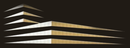 Abstract logo with layered geometric shapes in white and gold on a black background.