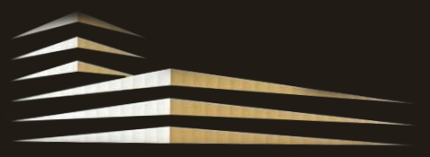 Abstract logo with layered geometric shapes in white and gold on a black background.